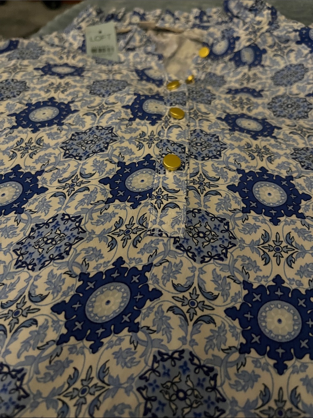 LOFT Blue and White Medallion Print Blouse with Gold Buttons